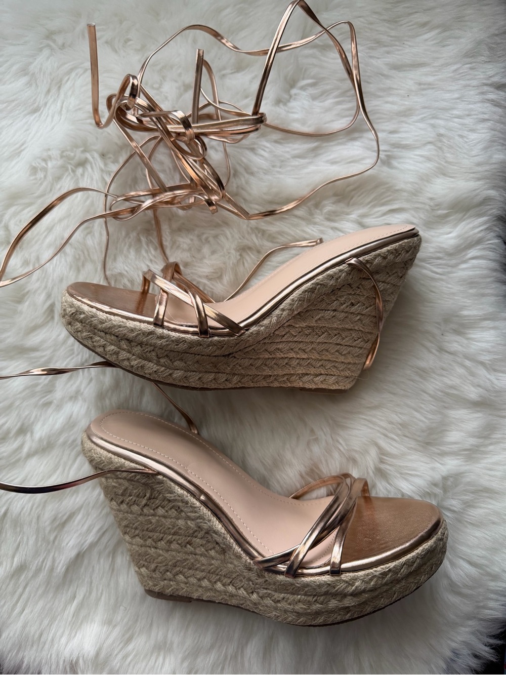 New! Aldo Metallic Rose Gold Espadrille Lace-Up Wedge Sandals